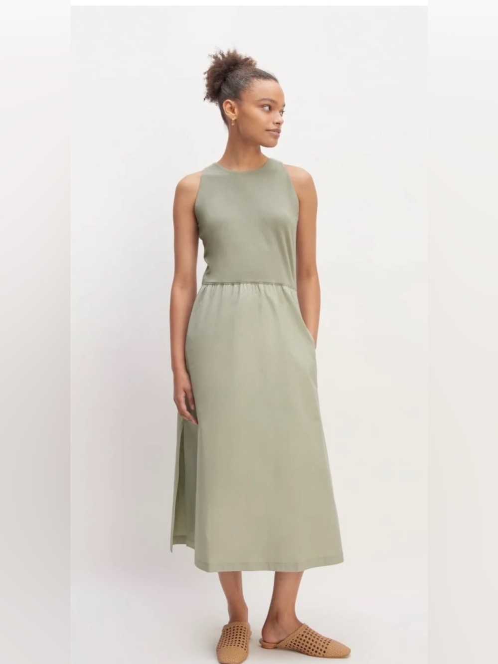 The Supima High Neck Riviera Dress By Everlane Size Large Pockets Sage Green